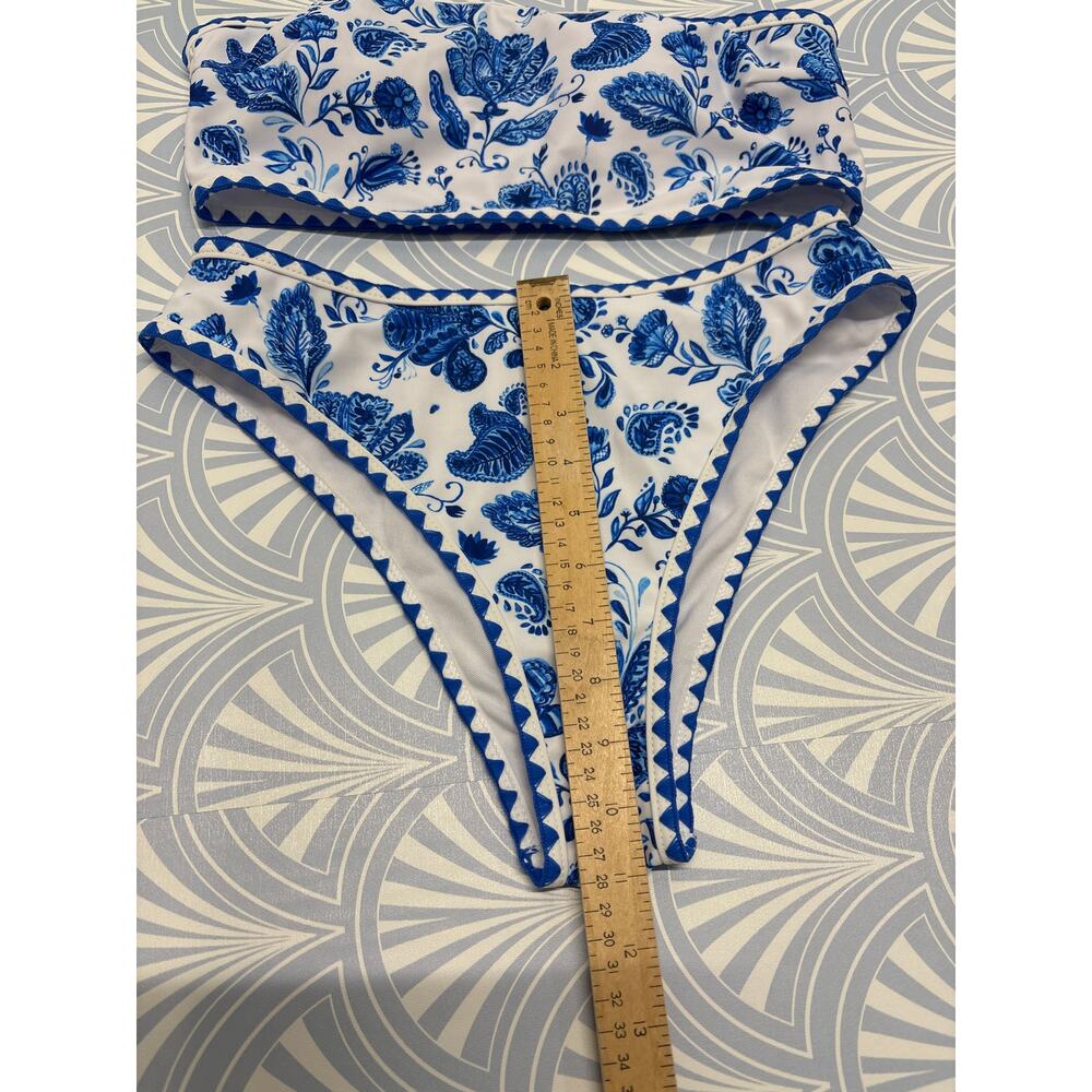 New Blue floral leaves high waisted women bikini two pieces swimsuit & skirt M - Picture 7 of 9